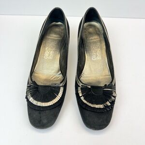Salvatore Ferragamo Black and Gold Flats with Decorative Toe Size 9 Suede